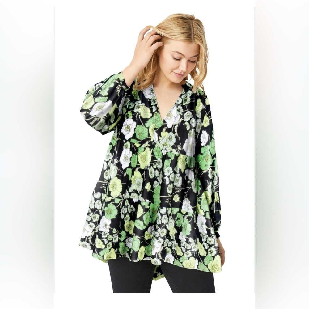 NWT Ellos Two Tier Tunic in Black with Green Print Size L (18-20)